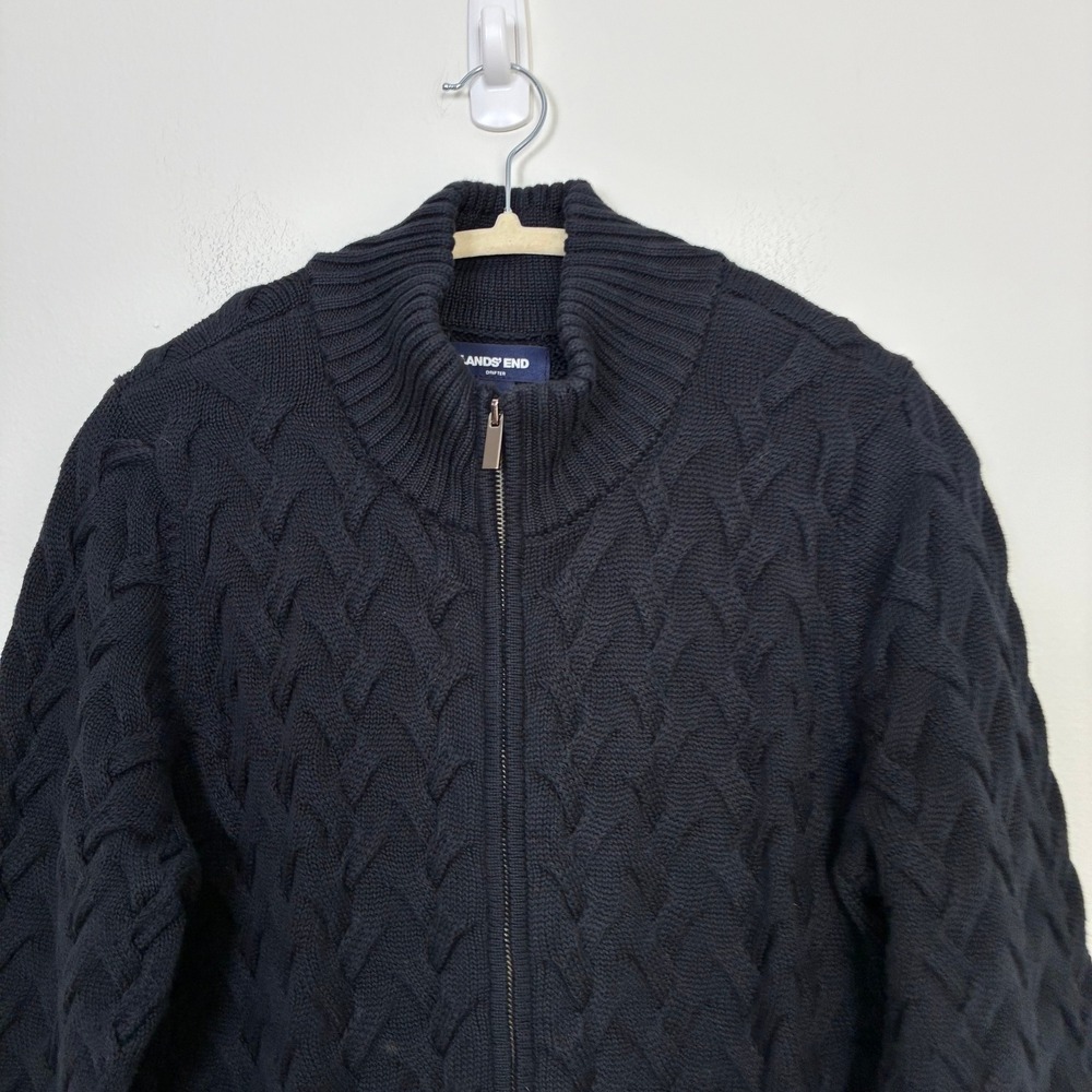 Lands' End Drifter Cable Knit Full Zip Mock Neck Sweater Men's L Fisherman 90s - Picture 2 of 9